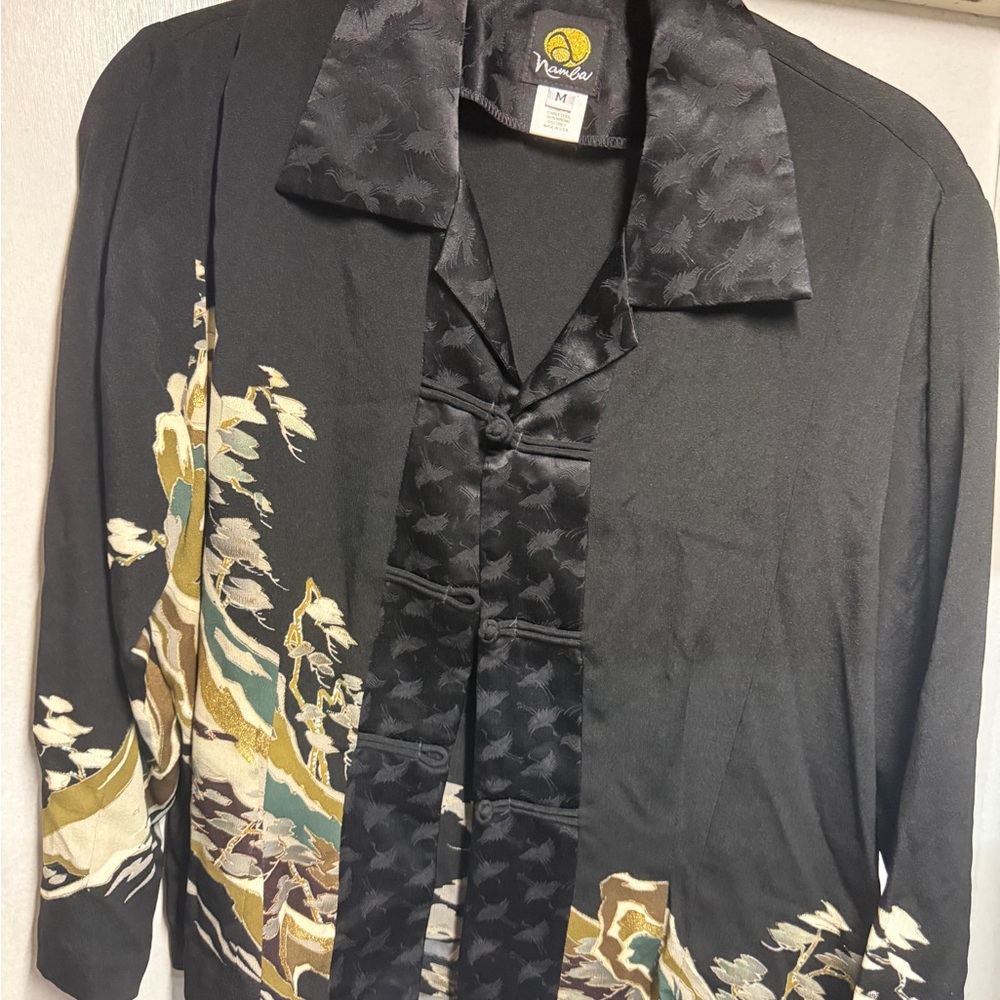 Anne Namba Woman’s  Black Satin-Trim Floral Panel Lightweight long sleeve blouse